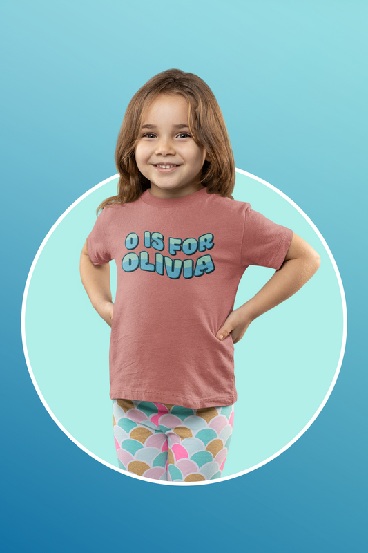 Custom Wavy Letter and Name Blue Green Toddler Short Sleeve Tee