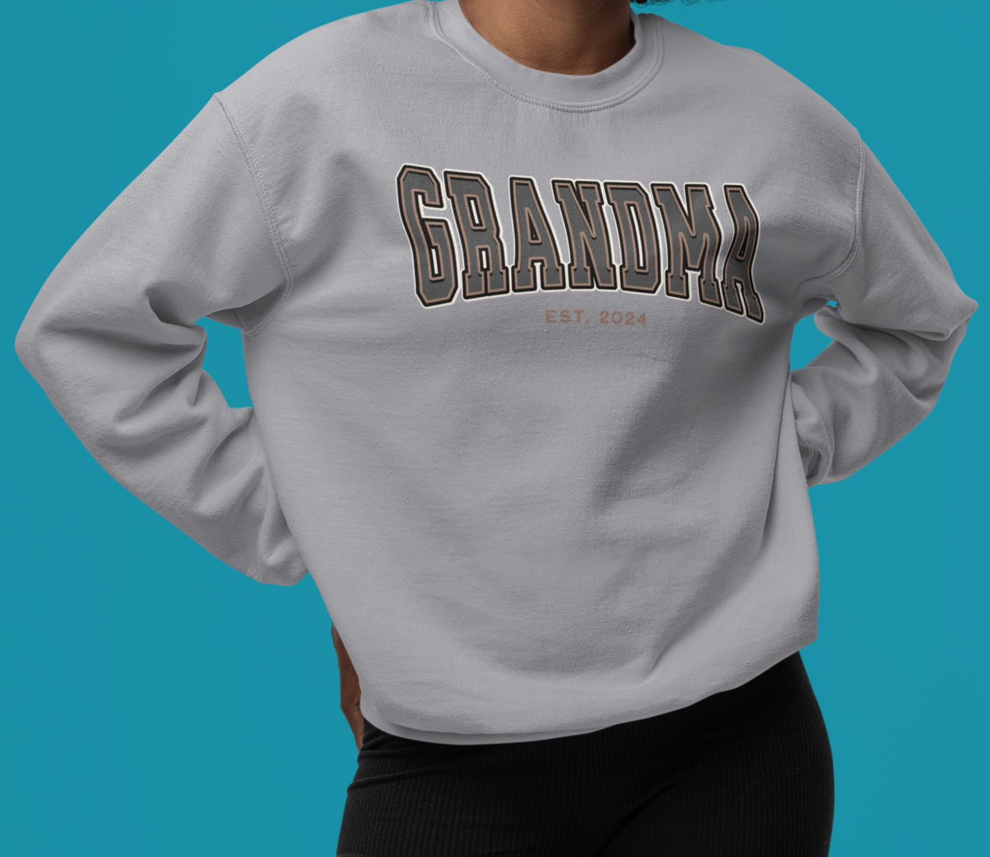 Grandma Est 2024 Grey Tan College Letter Sweatshirt