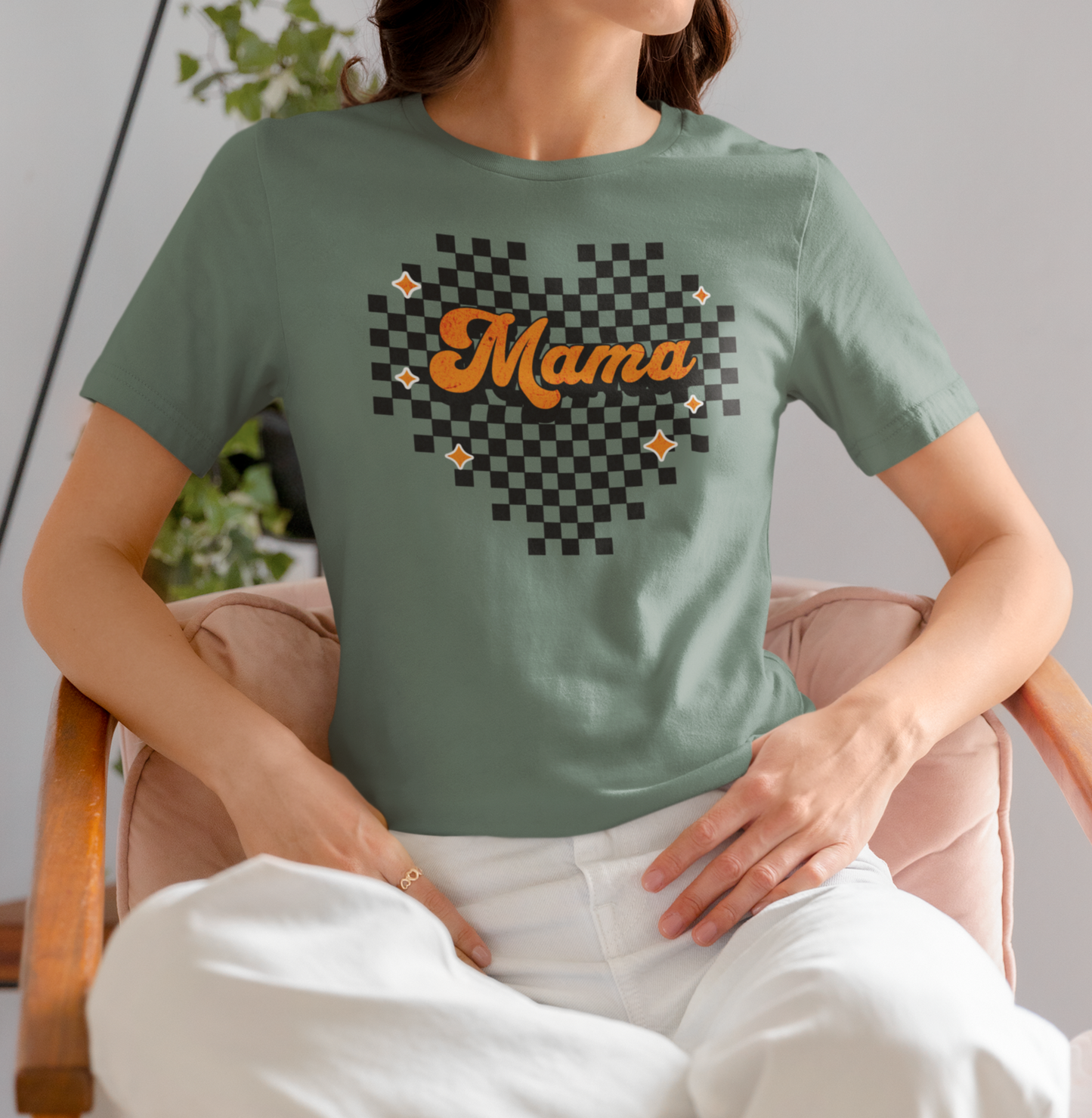 Orange Heart Checkered Mama Short Sleeve Tee