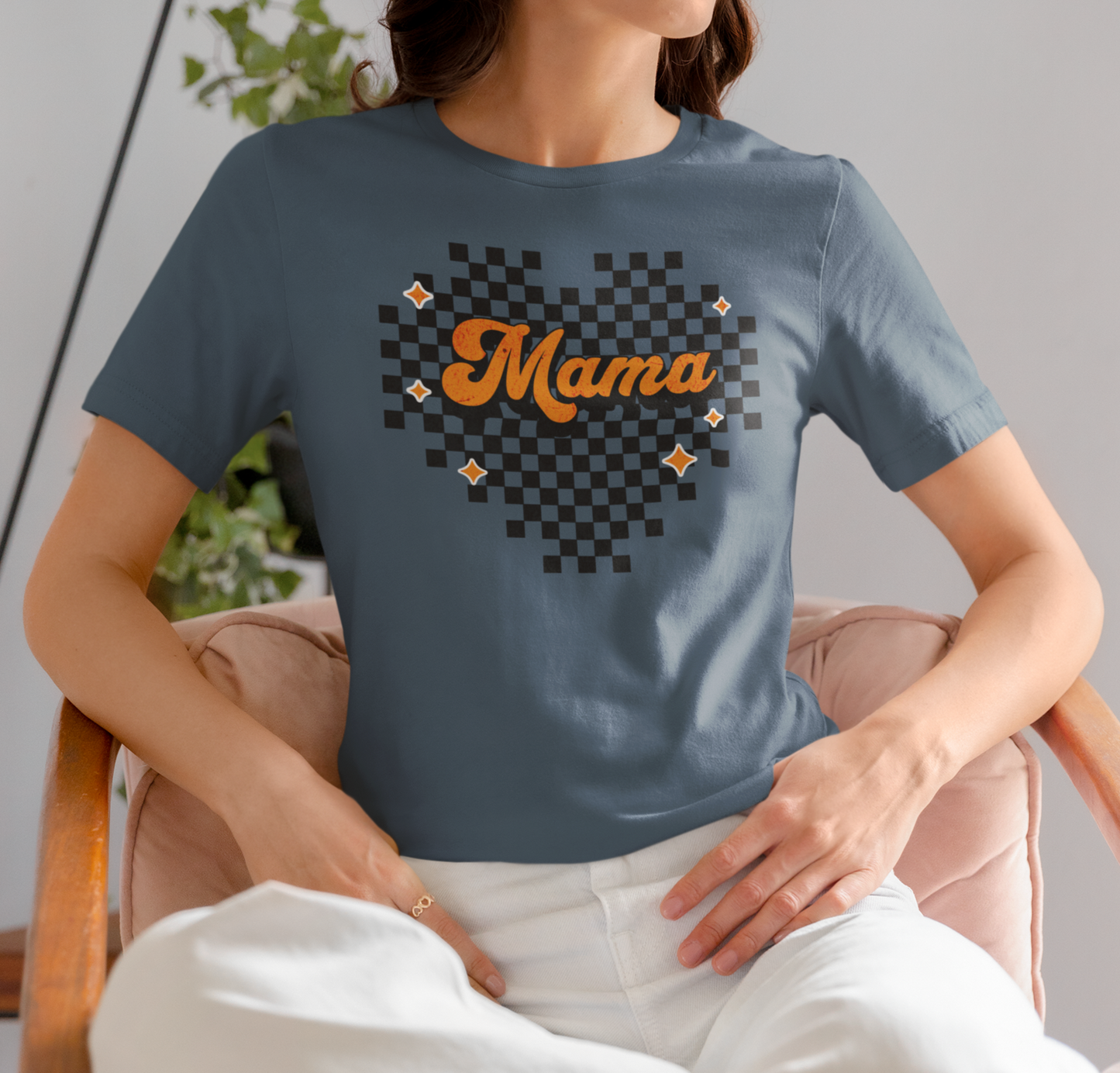Orange Heart Checkered Mama Short Sleeve Tee