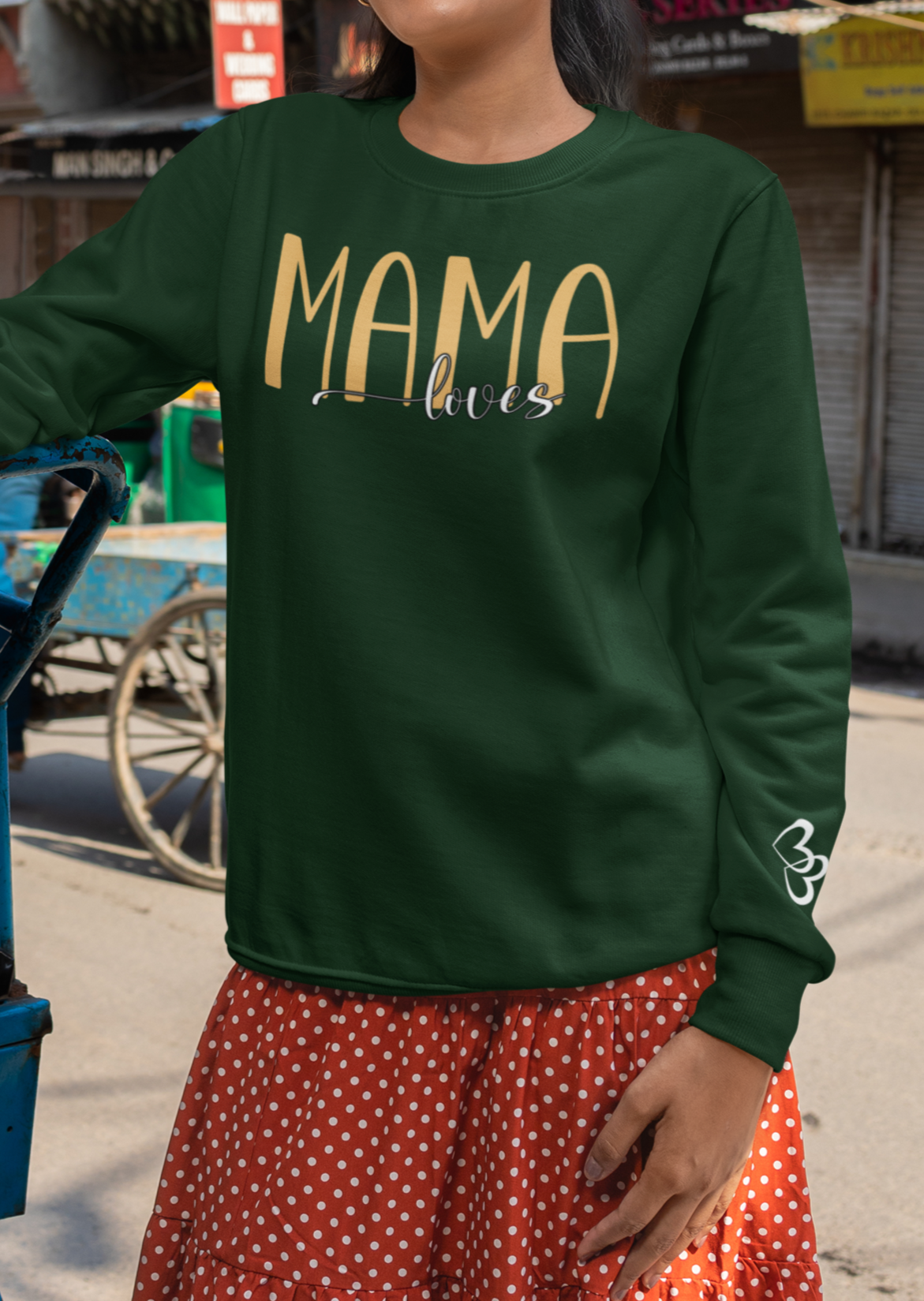 Custom Yellow Mama Loves Heart Sleeve Sweatshirt