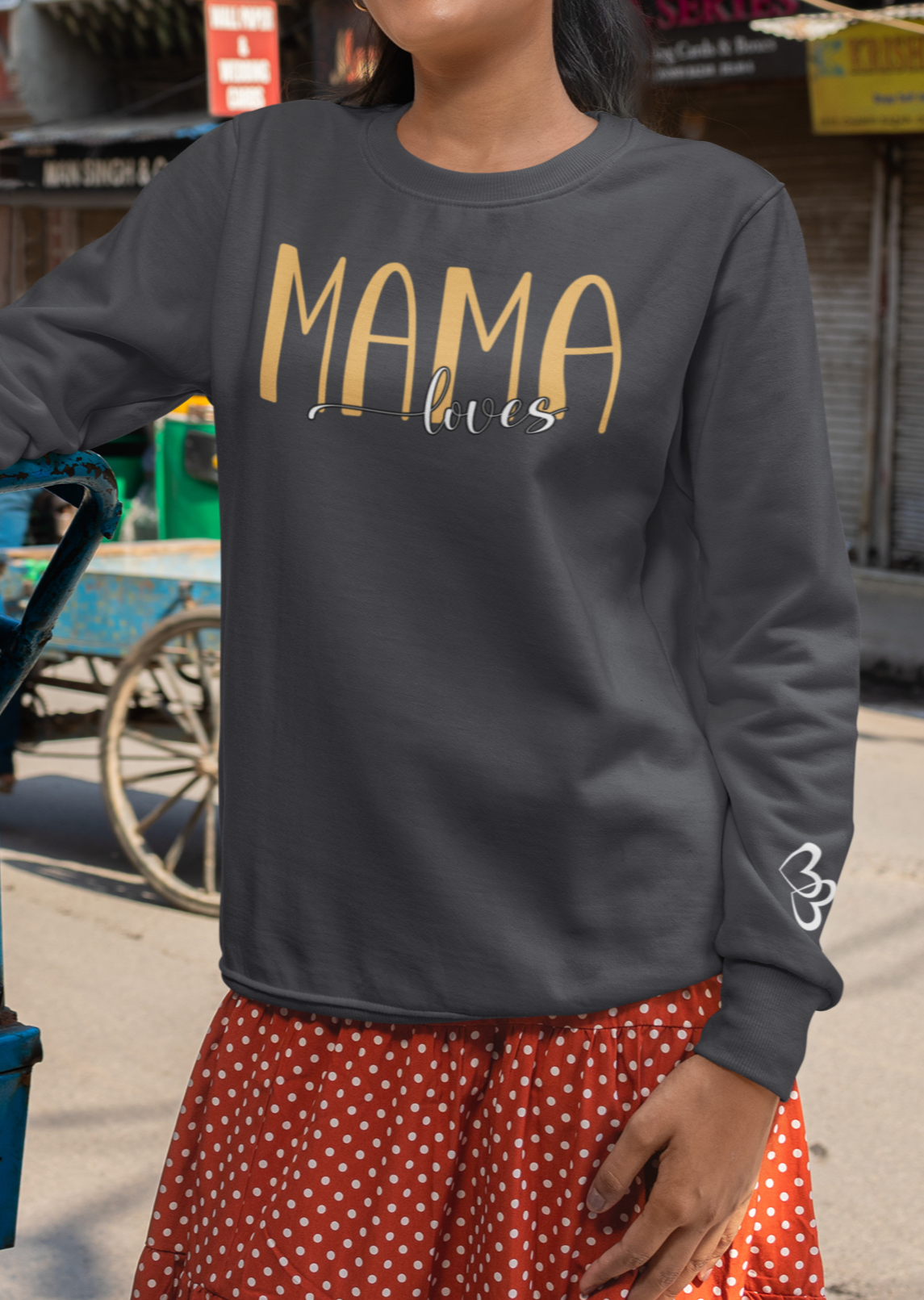 Custom Yellow Mama Loves Heart Sleeve Sweatshirt