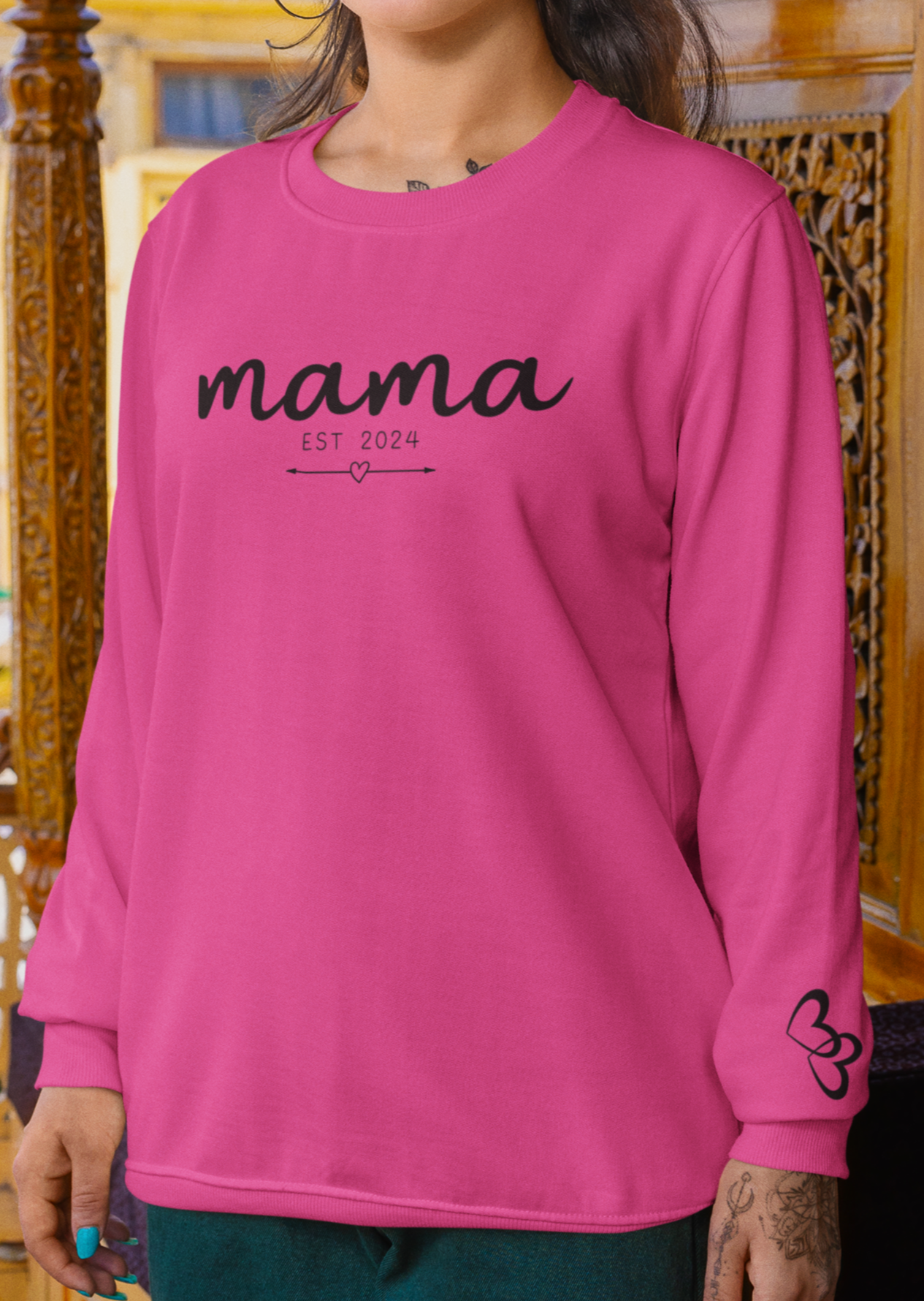 Custom Mama Est 2024 Heart Arrow Sleeve Sweatshirt