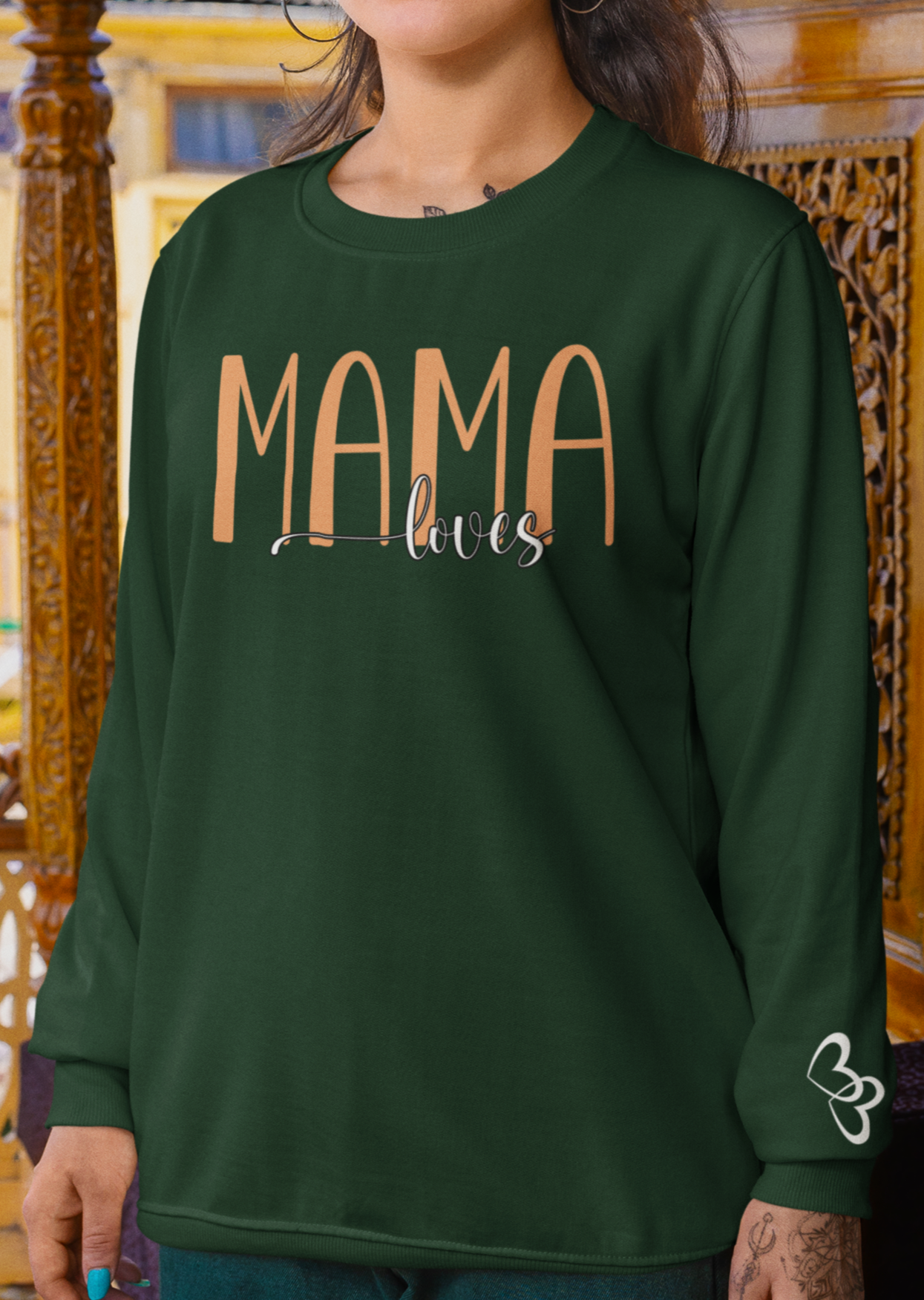 Custom Orange Mama Loves Heart Sleeve Sweatshirt