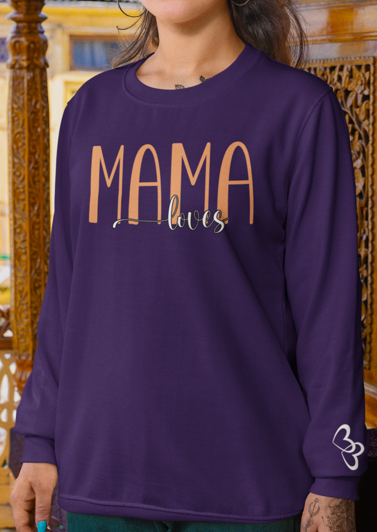 Custom Orange Mama Loves Heart Sleeve Sweatshirt
