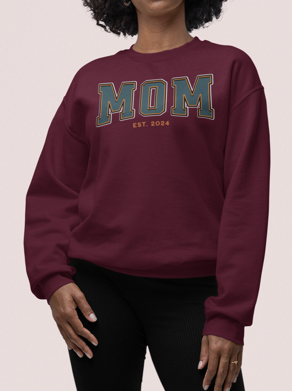 Mom Est 2024 Teal Orange College Letter Sweatshirt