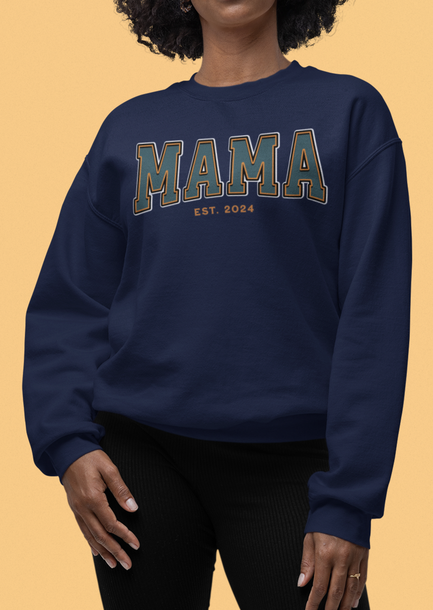 Mama Est 2024 Teal Orange College Letter Sweatshirt