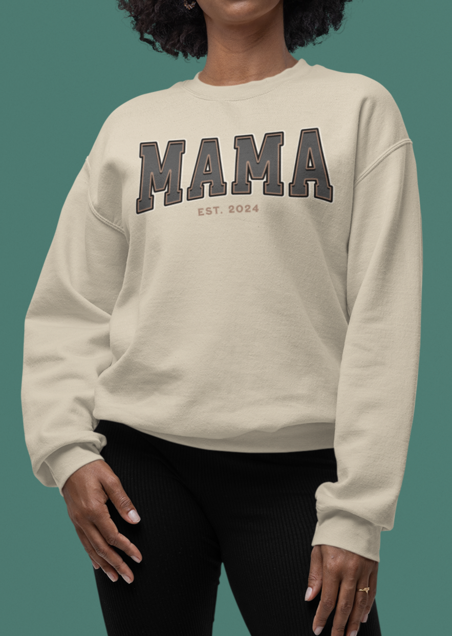 Mama Est 2024 Grey Tan College Letter Sweatshirt