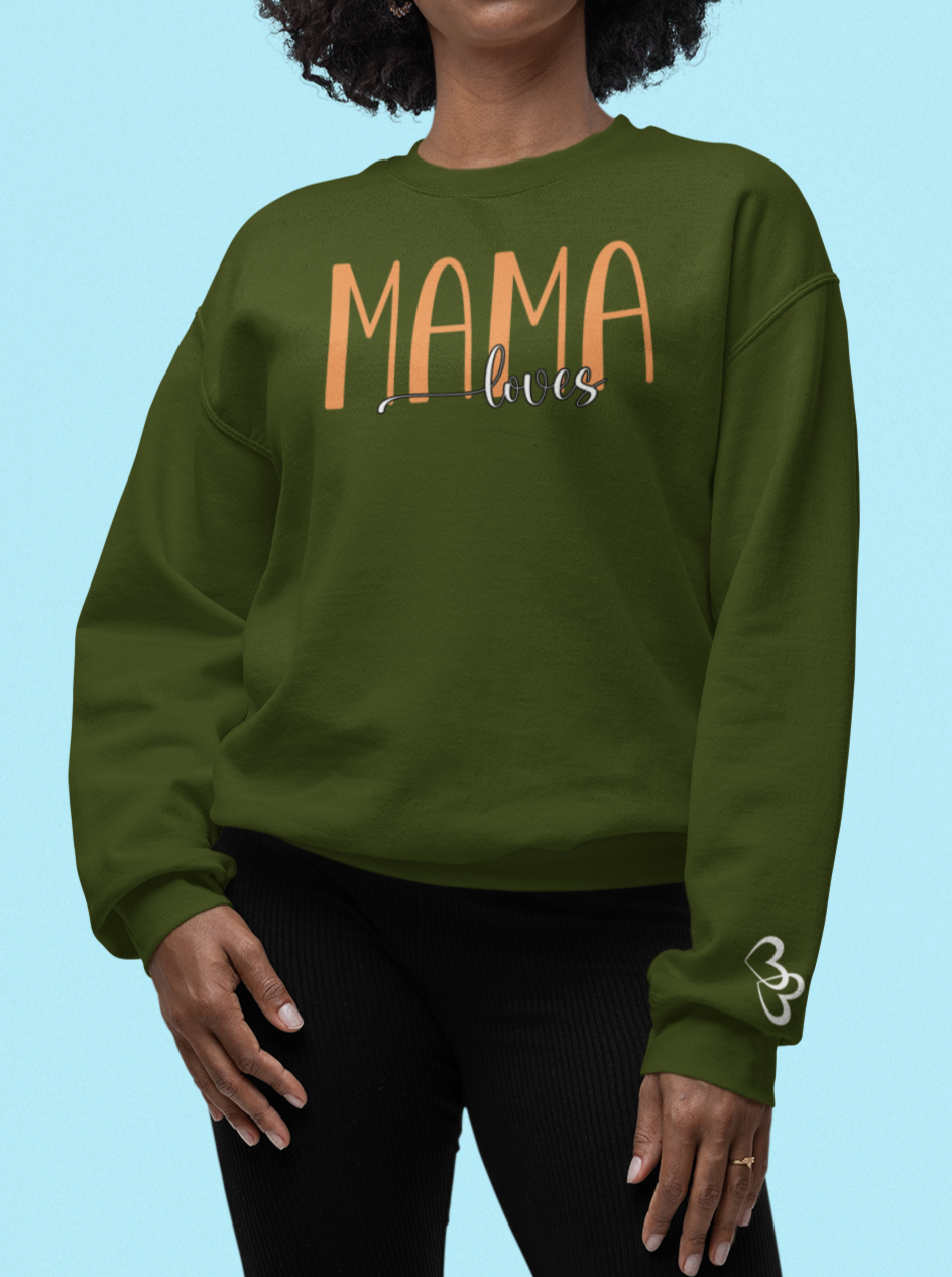 Custom Orange Mama Loves Heart Sleeve Sweatshirt