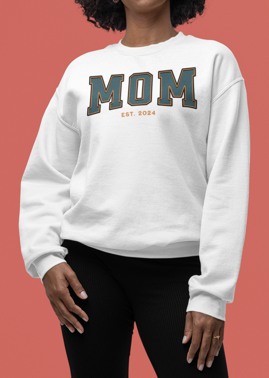 Mom Est 2024 Teal Orange College Letter Sweatshirt