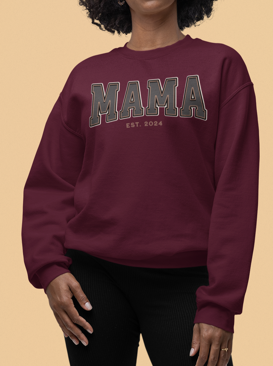 Mama Est 2024 Grey Tan College Letter Sweatshirt