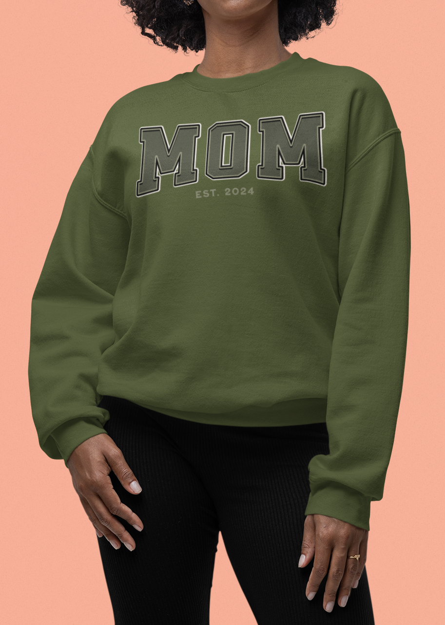 Mom Est 2024 Army Green College Letter Sweatshirt