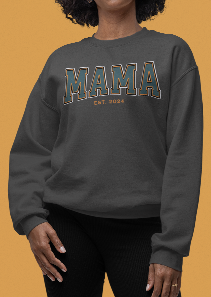 Mama Est 2024 Teal Orange College Letter Sweatshirt