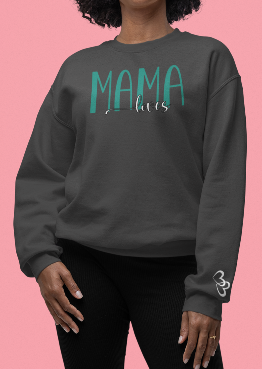 Custom Teal Mama Loves Heart Sleeve Sweatshirt