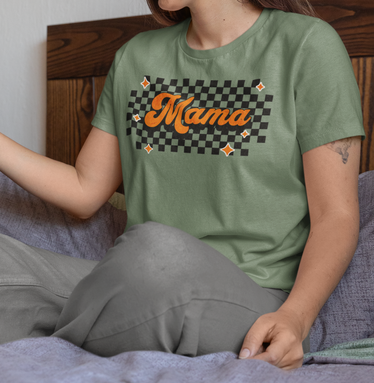 Orange Checkered Mama Short Sleeve Tee