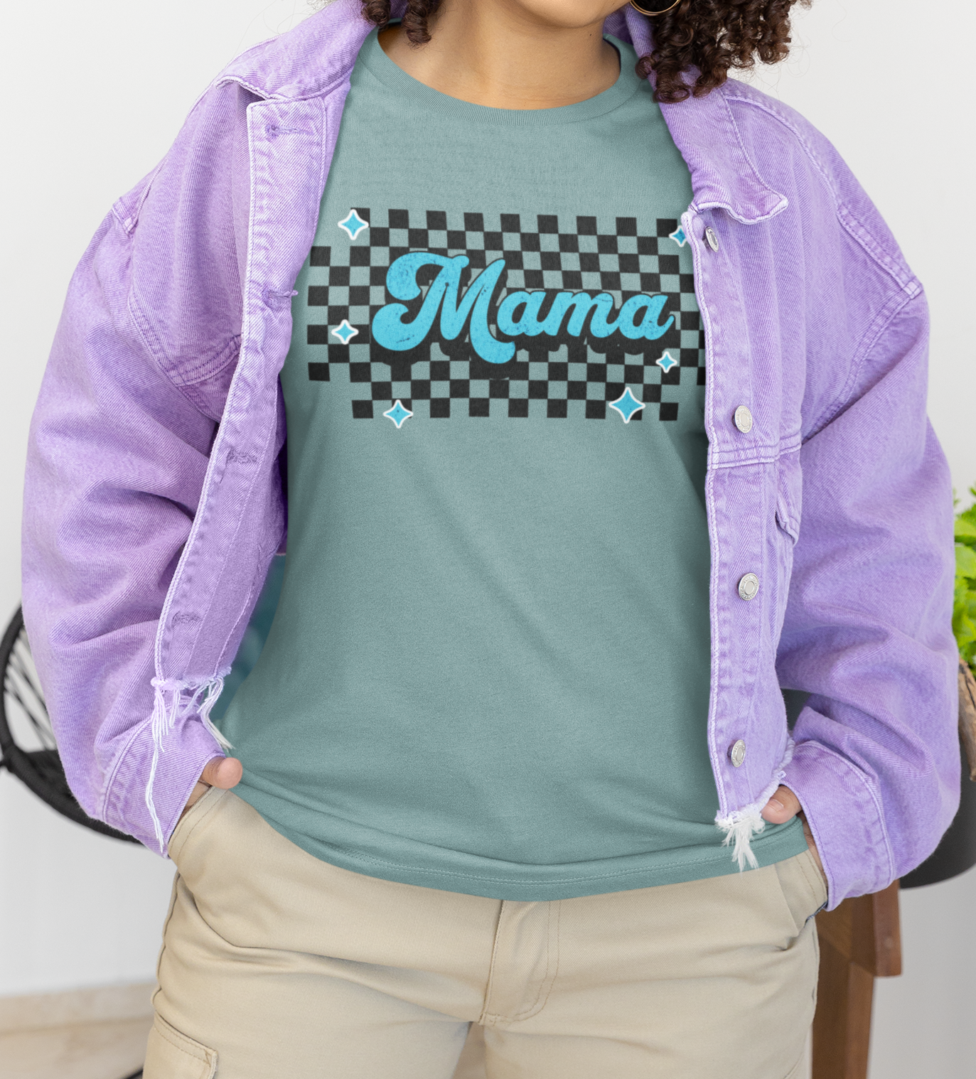 Blue Checkered Mama Short Sleeve Tee