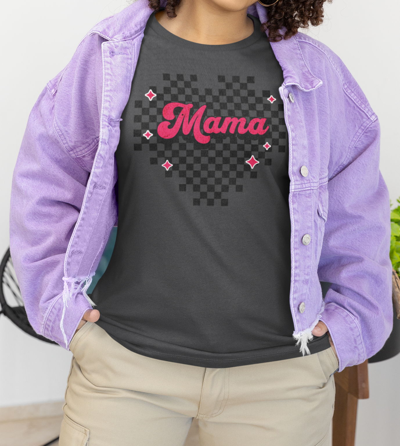 Pink Heart Checkered Mama Short Sleeve Tee