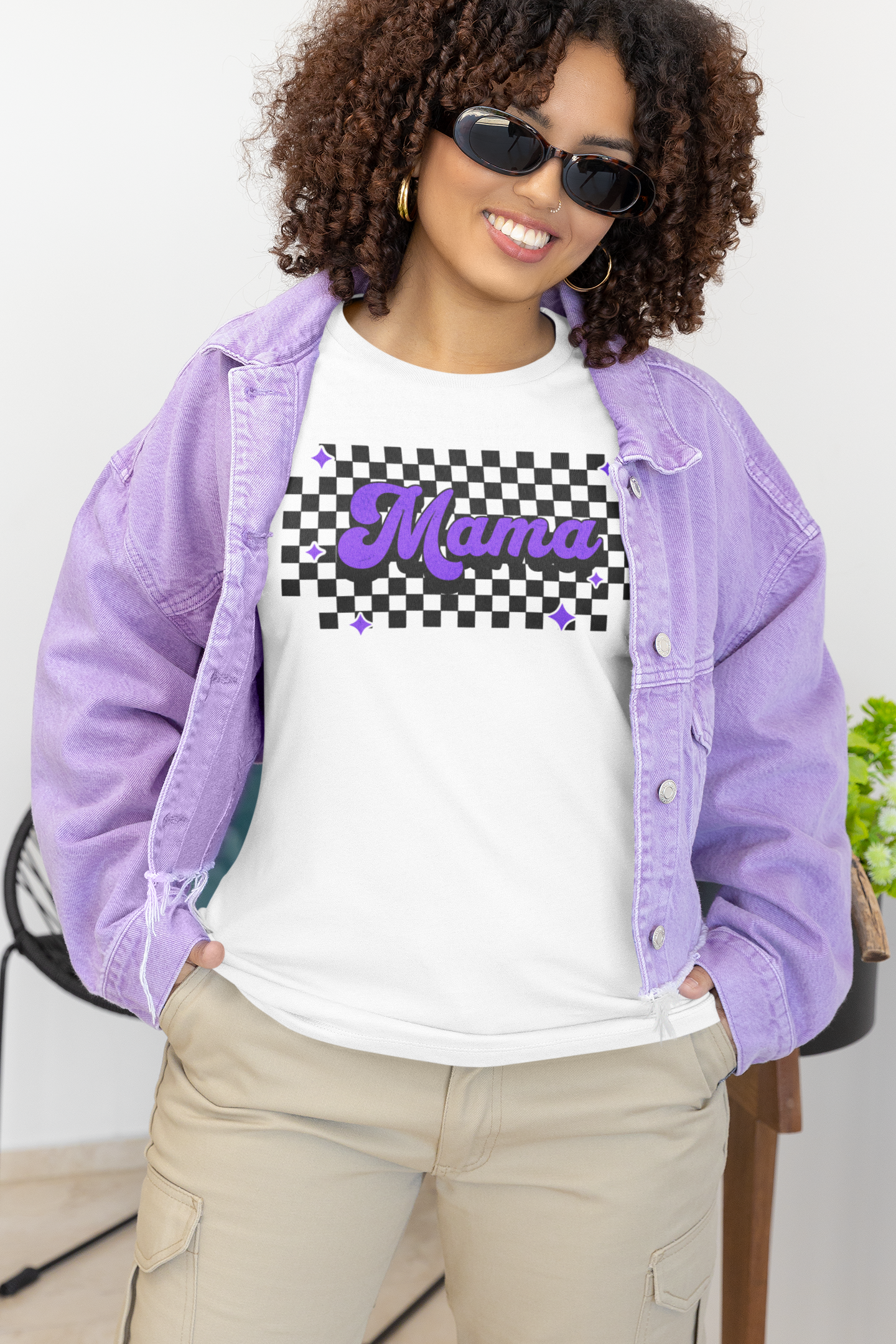 Purple Checkered Mama Short Sleeve Tee