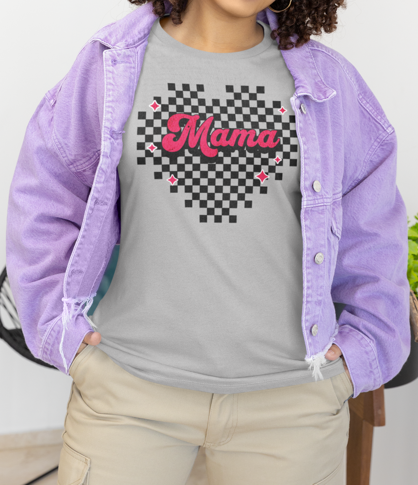 Pink Heart Checkered Mama Short Sleeve Tee