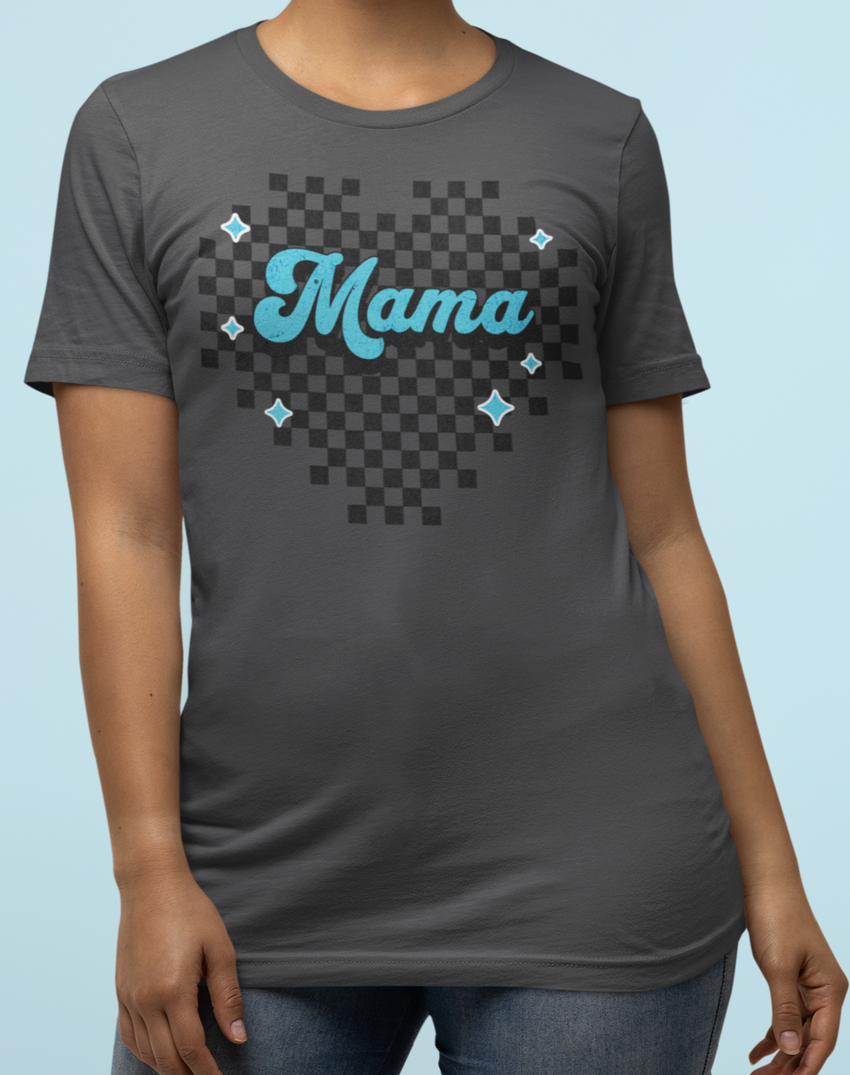 Blue Heart Checkered Mama Short Sleeve Tee