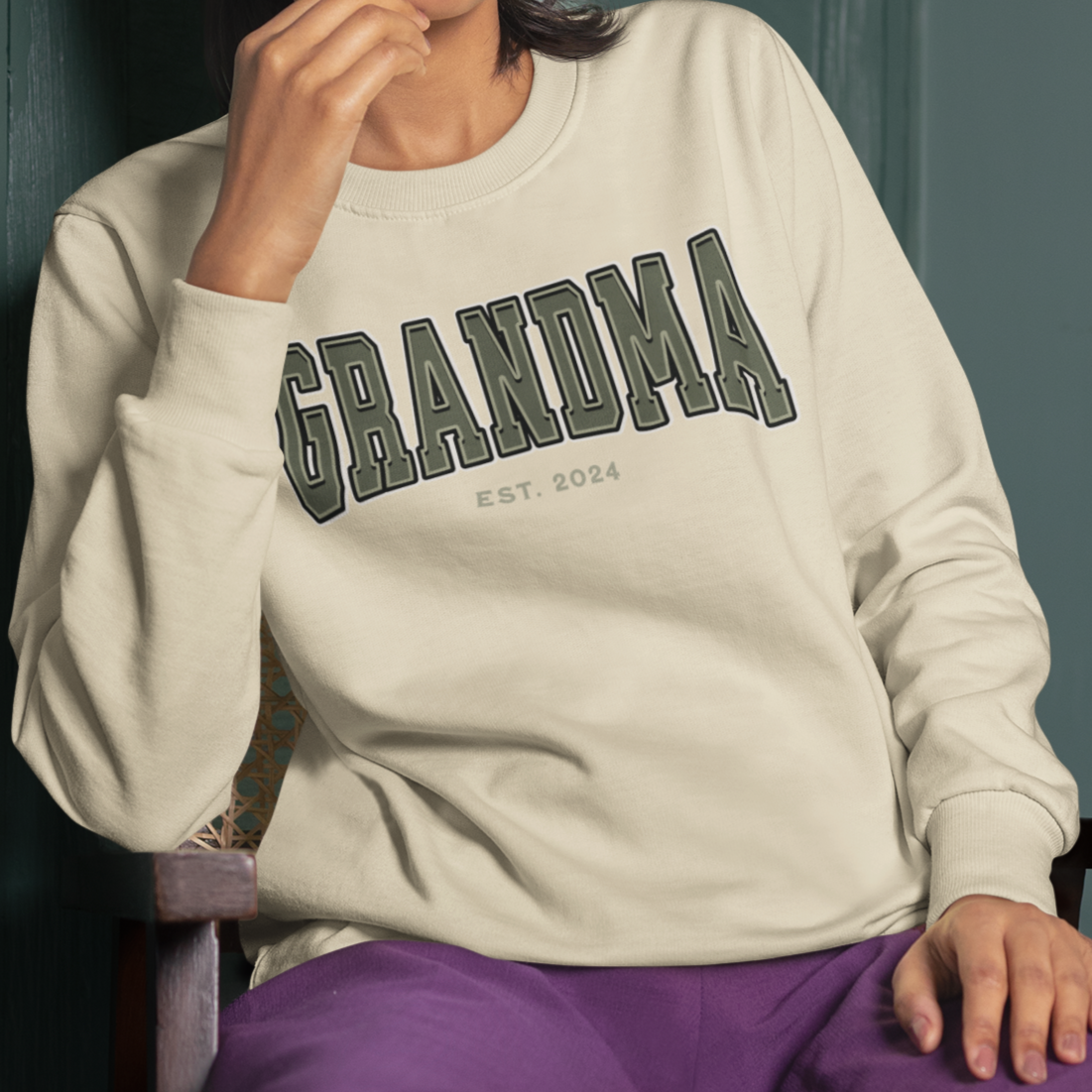 Grandma Est 2024 Army Green College Letter Sweatshirt