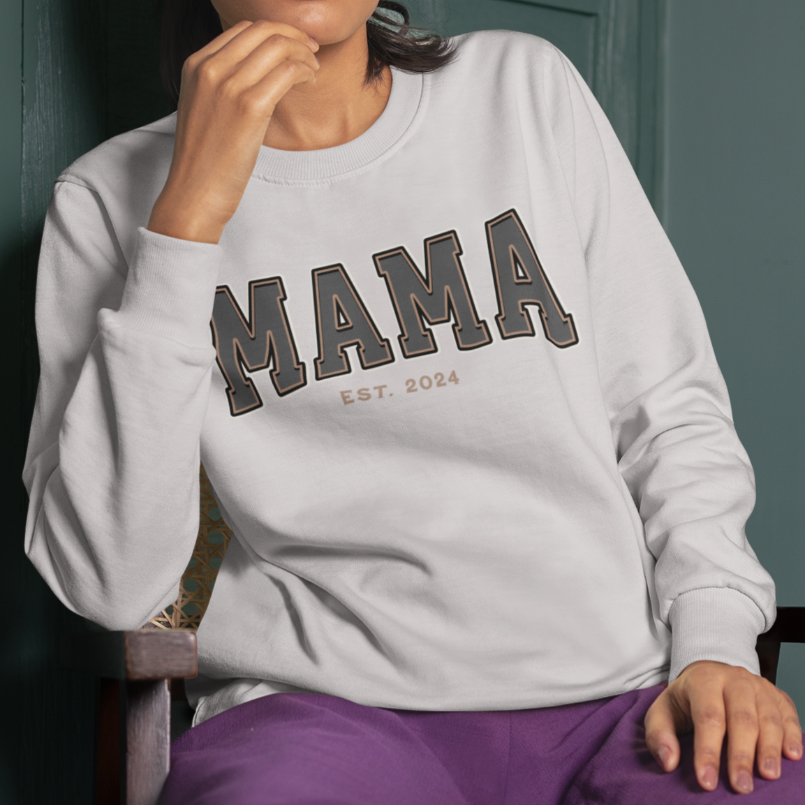 Mama Est 2024 Grey Tan College Letter Sweatshirt