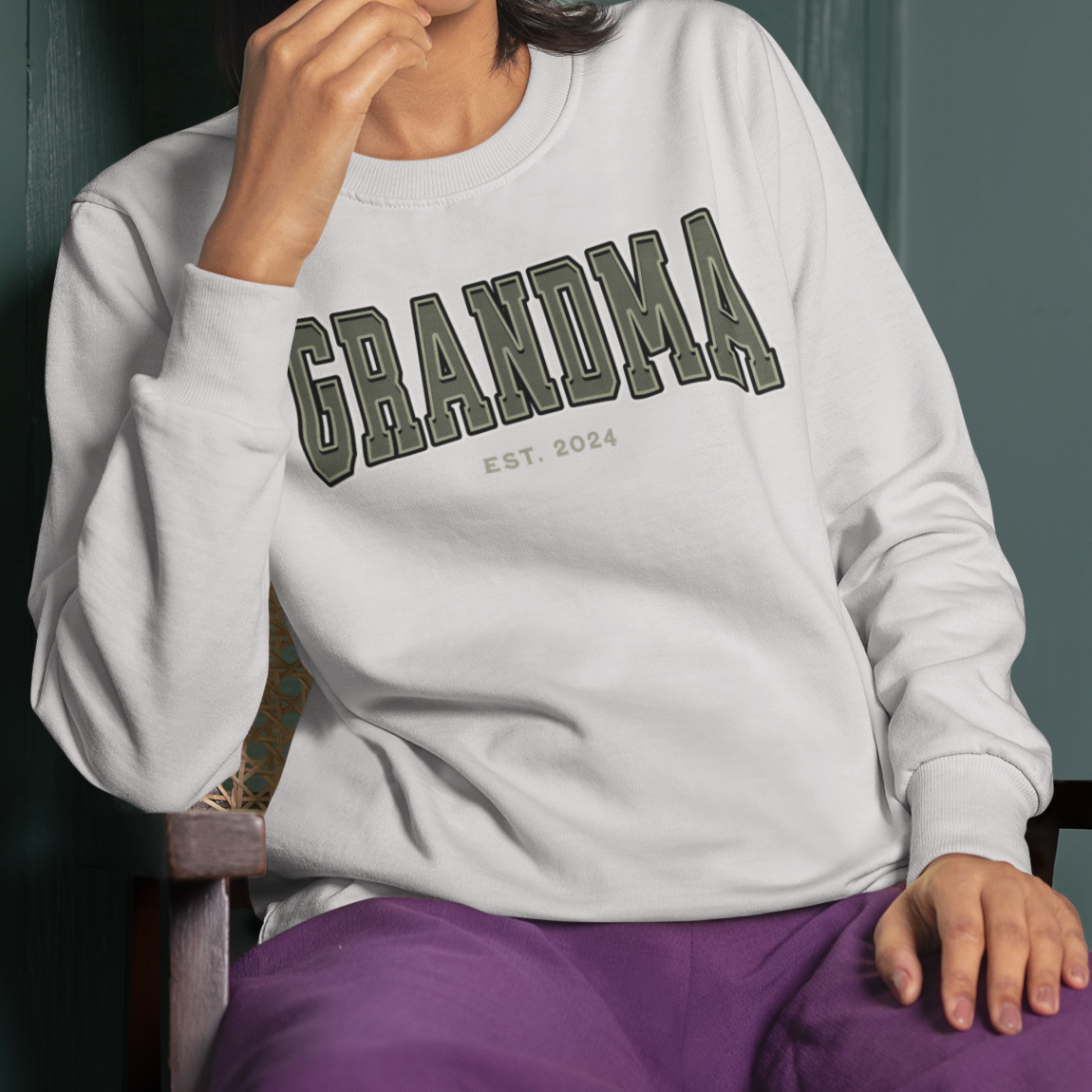 Grandma Est 2024 Army Green College Letter Sweatshirt