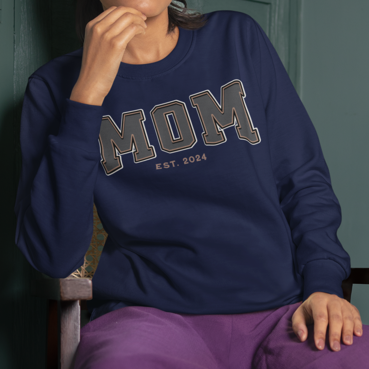 Mom Est 2024 Grey Tan College Letter Sweatshirt
