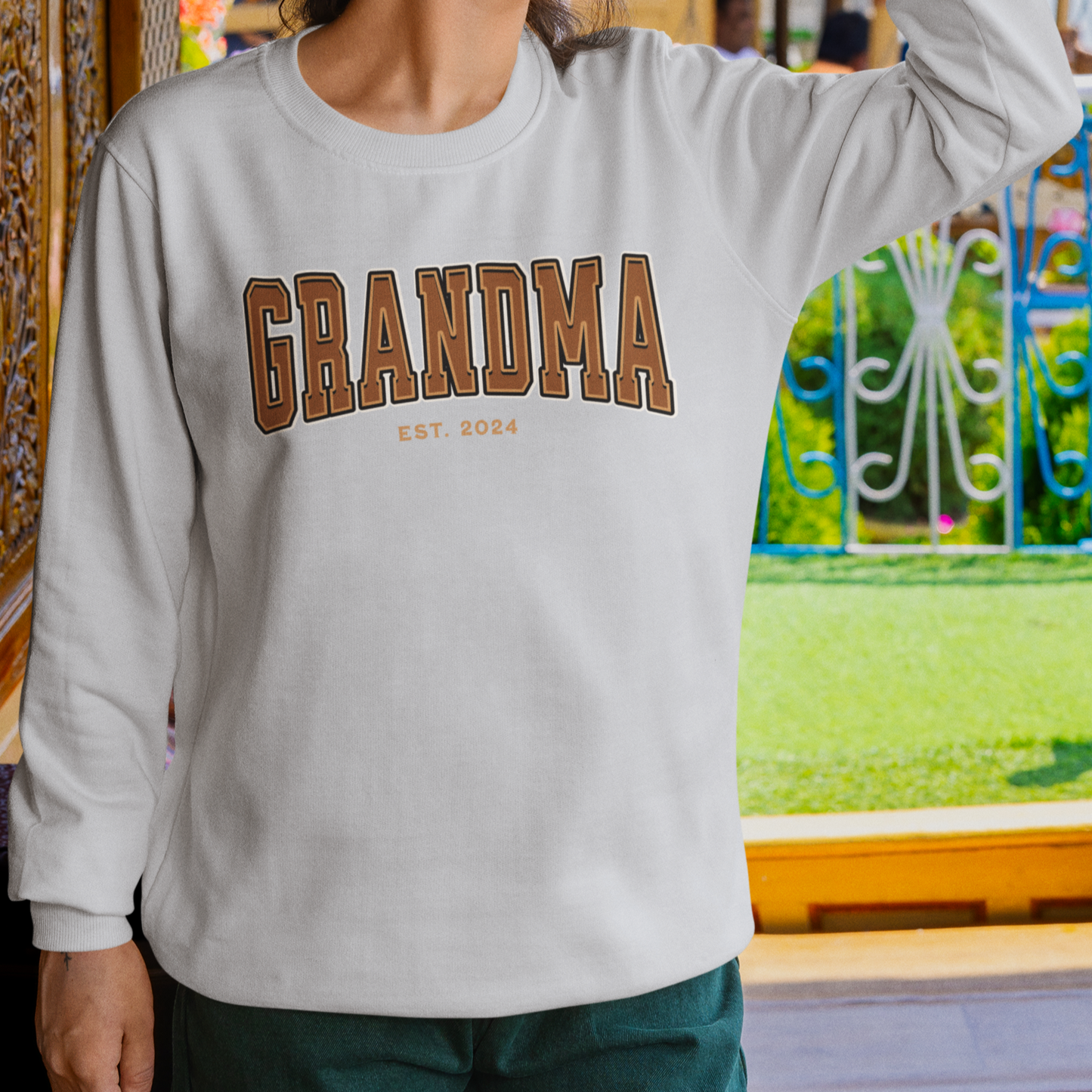 Grandma Est 2024 Orange College Letter Sweatshirt