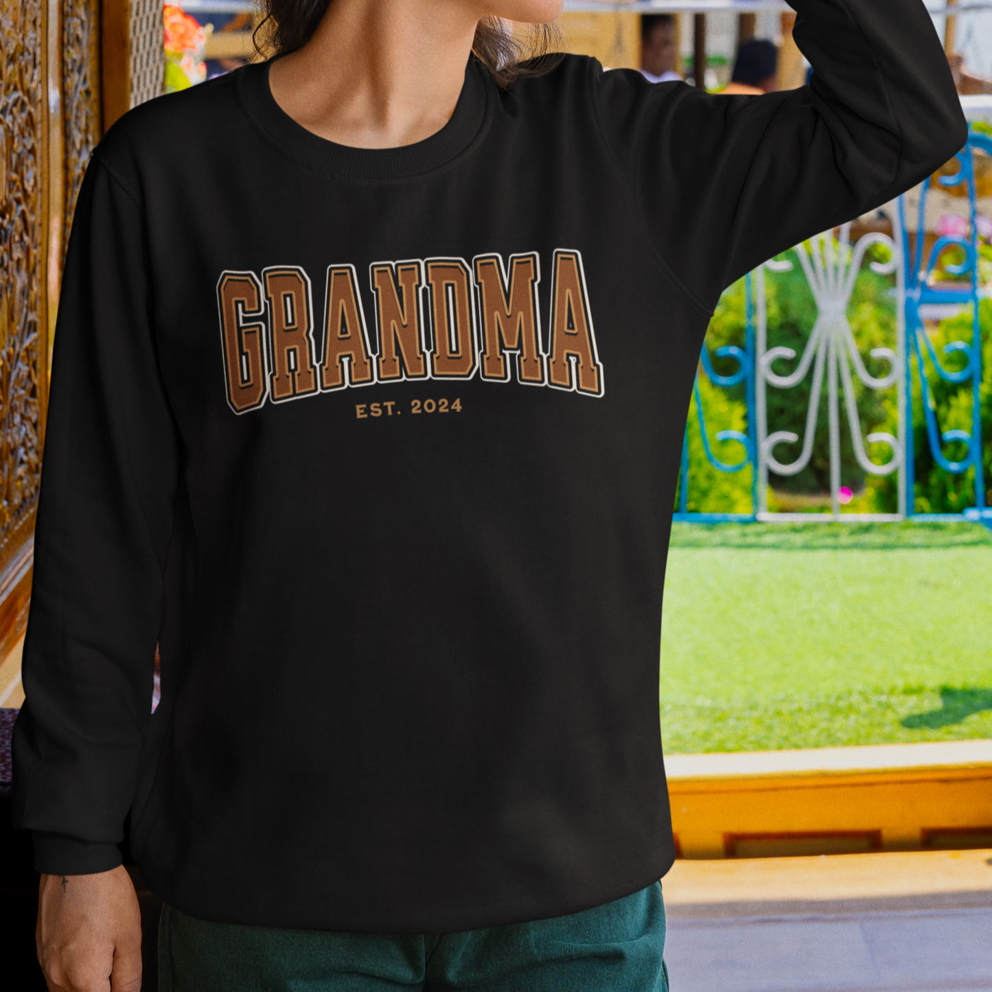 Grandma Est 2024 Orange College Letter Sweatshirt