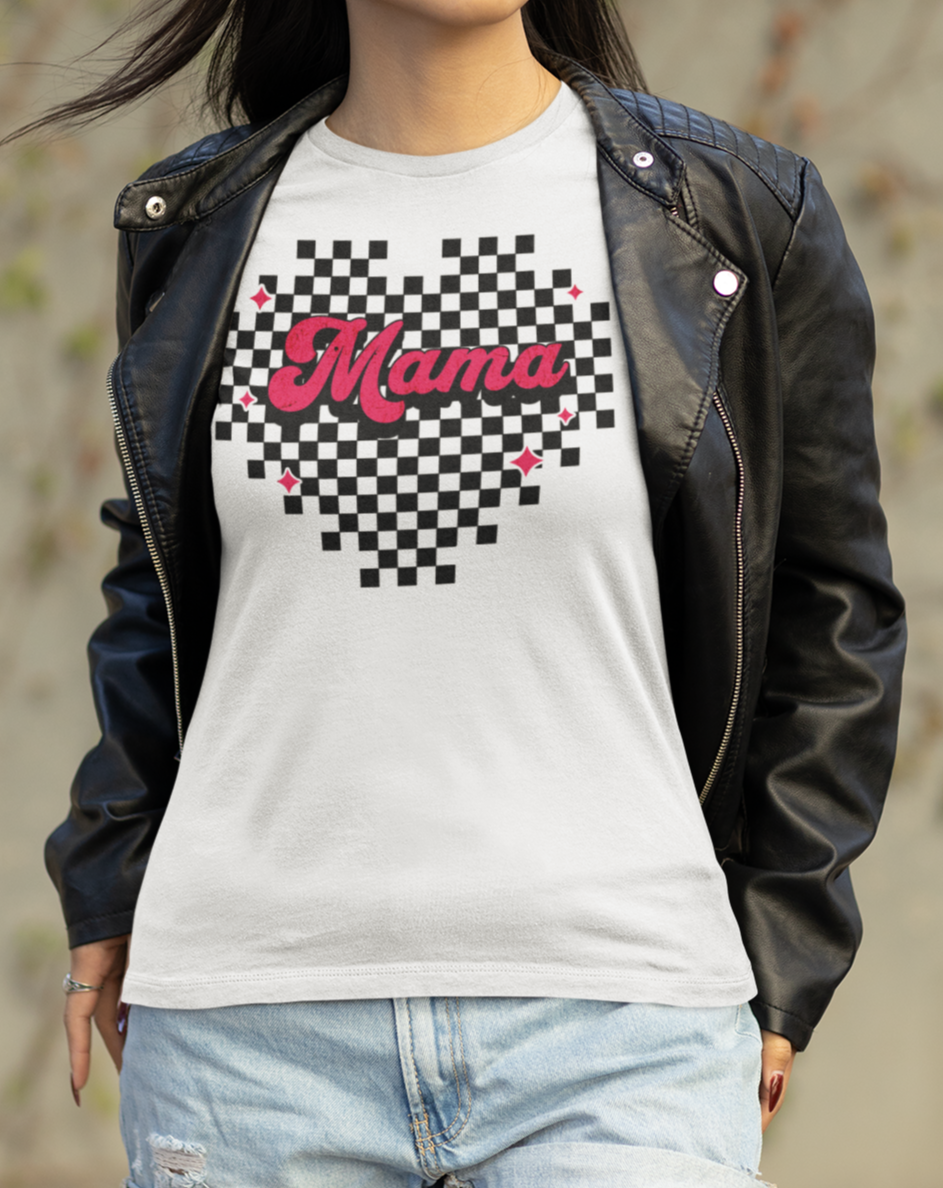 Pink Heart Checkered Mama Short Sleeve Tee