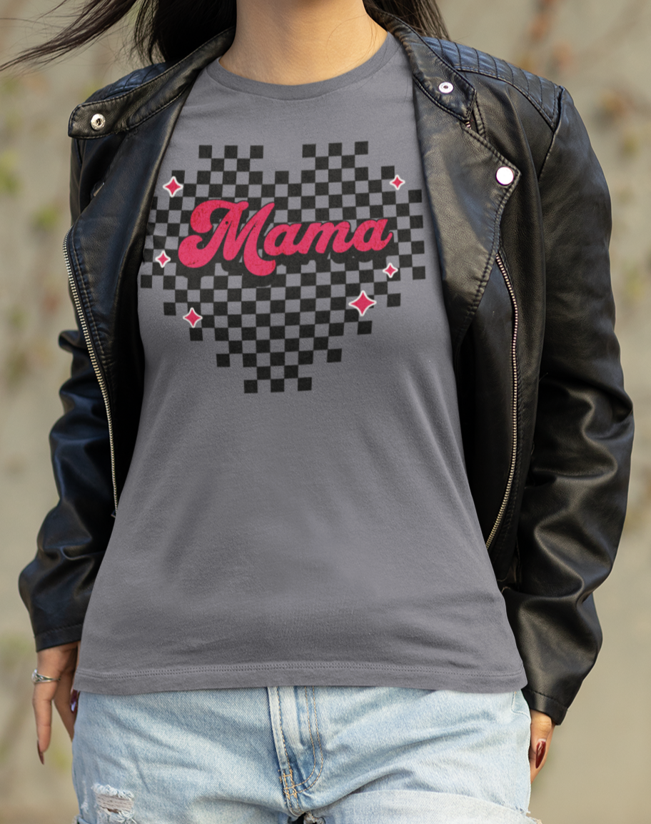 Pink Heart Checkered Mama Short Sleeve Tee