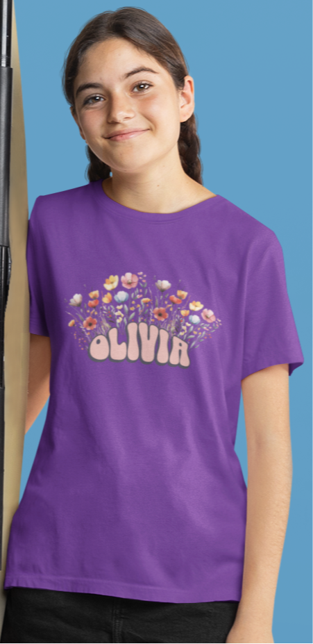 Custom Pink Retro Name Flower Youth Shirt