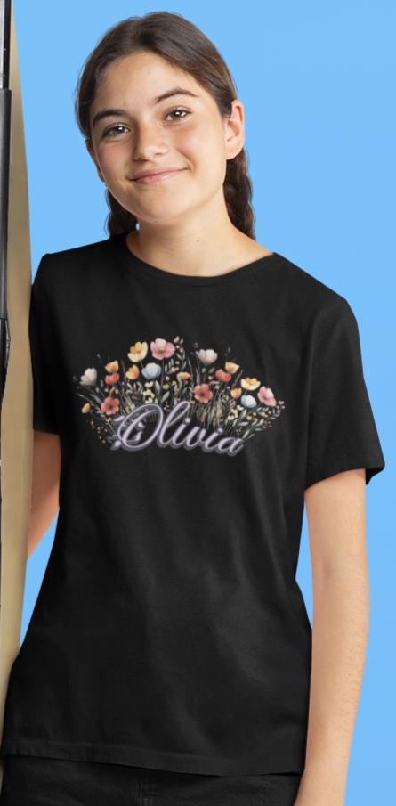 Custom Purple Name Flower Youth Shirt