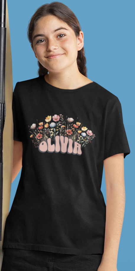 Custom Pink Retro Name Flower Youth Shirt