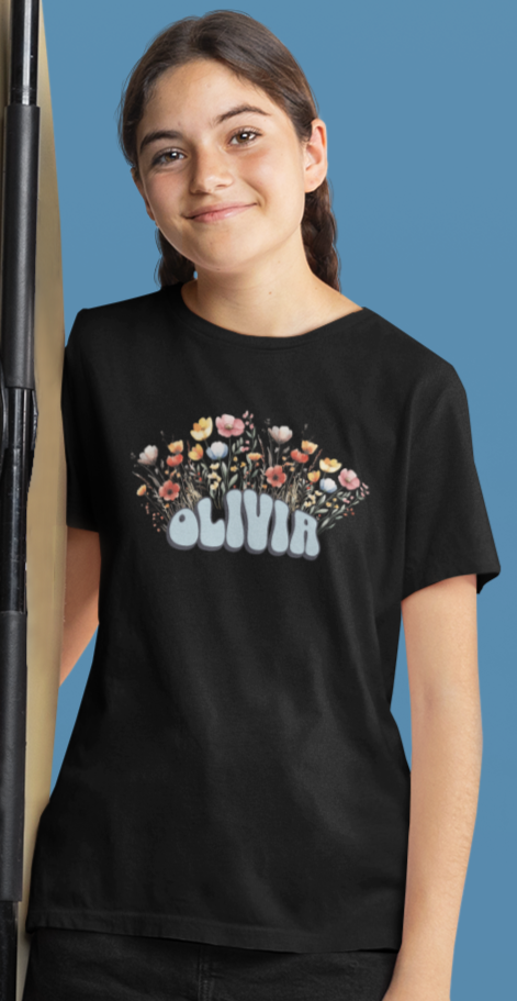 Custom Blue Retro Name Flower Youth Shirt