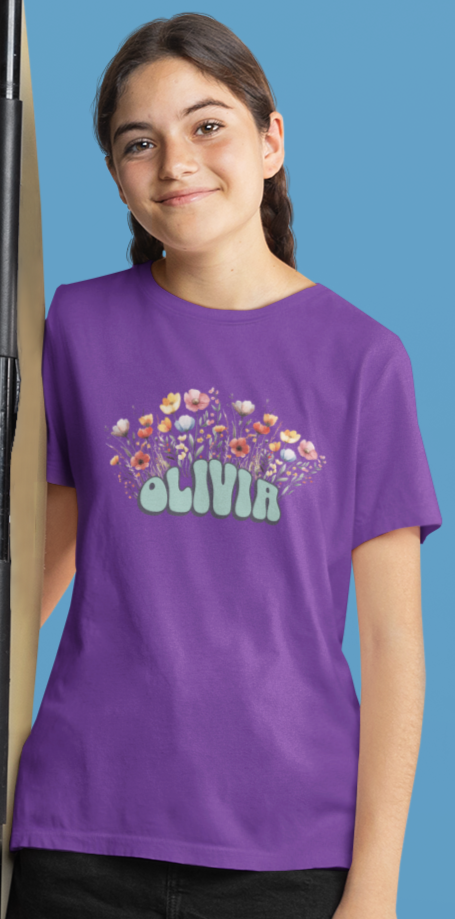 Custom Green Retro Name Flower Youth Shirt