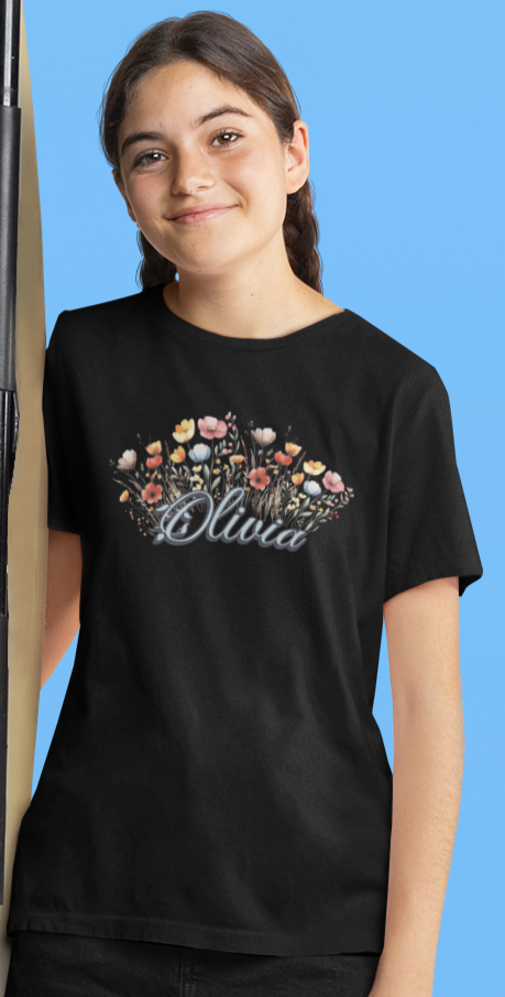 Custom Blue Name Flower Youth Shirt