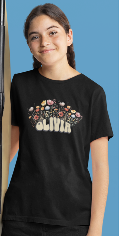 Custom Yellow Retro Name Flower Youth Shirt
