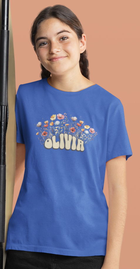 Custom Yellow Retro Name Flower Youth Shirt