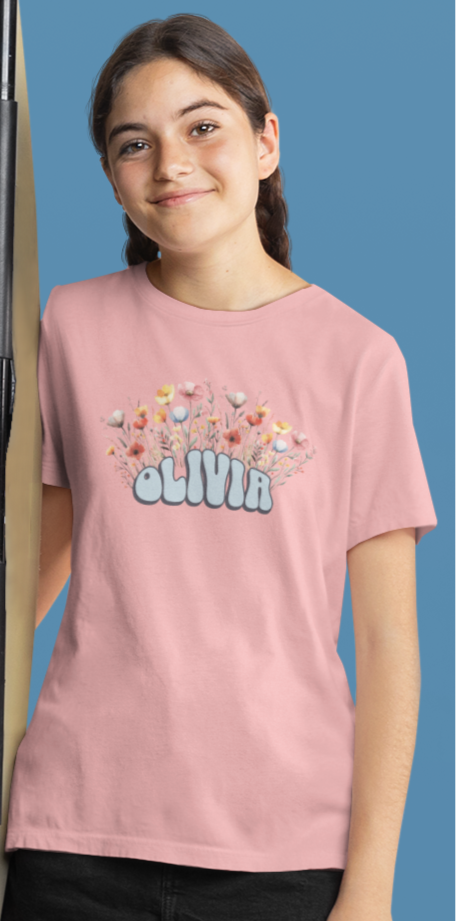 Custom Blue Retro Name Flower Youth Shirt