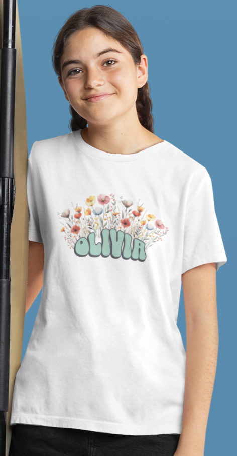 Custom Green Retro Name Flower Youth Shirt