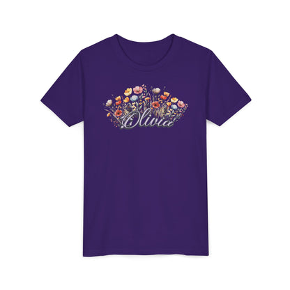 Custom Purple Name Flower Youth Shirt