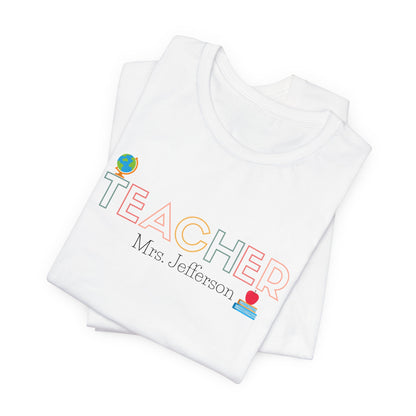 Custom Teacher Outline Lettering Boho Globe Short Sleeve Tee