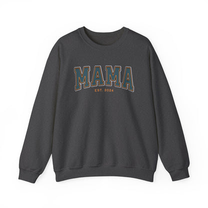 Mama Est 2024 Teal Orange College Letter Sweatshirt
