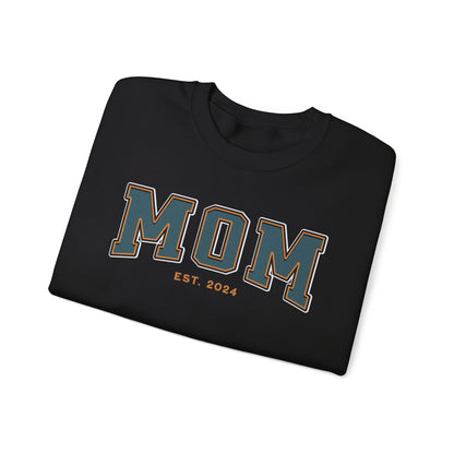 Mom Est 2024 Teal Orange College Letter Sweatshirt