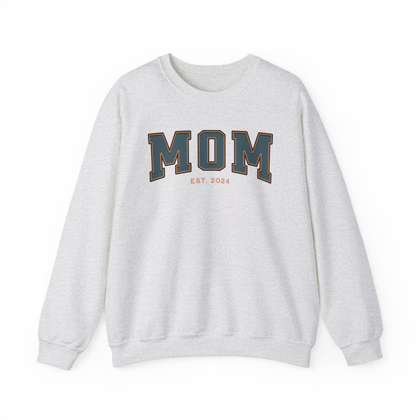 Mom Est 2024 Teal Orange College Letter Sweatshirt