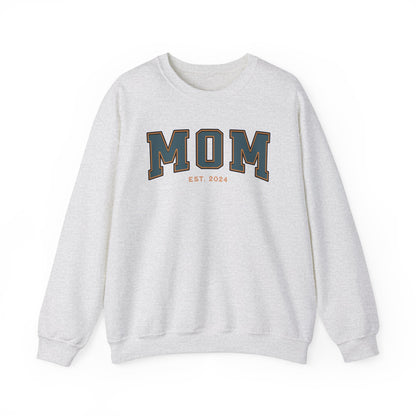 Mom Est 2024 Teal Orange College Letter Sweatshirt