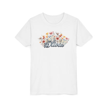 Custom Blue Name Flower Youth Shirt