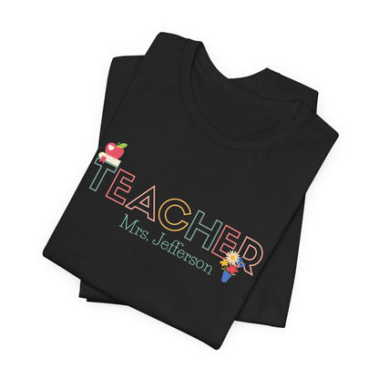 Custom Teacher Outline Lettering Flowers Short Sleeve Tee